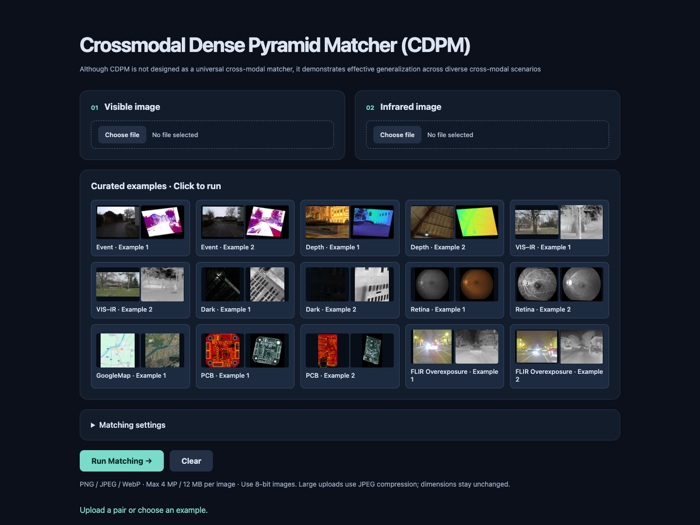 CDPM online demo interface with image upload panels and cross-modal matching examples