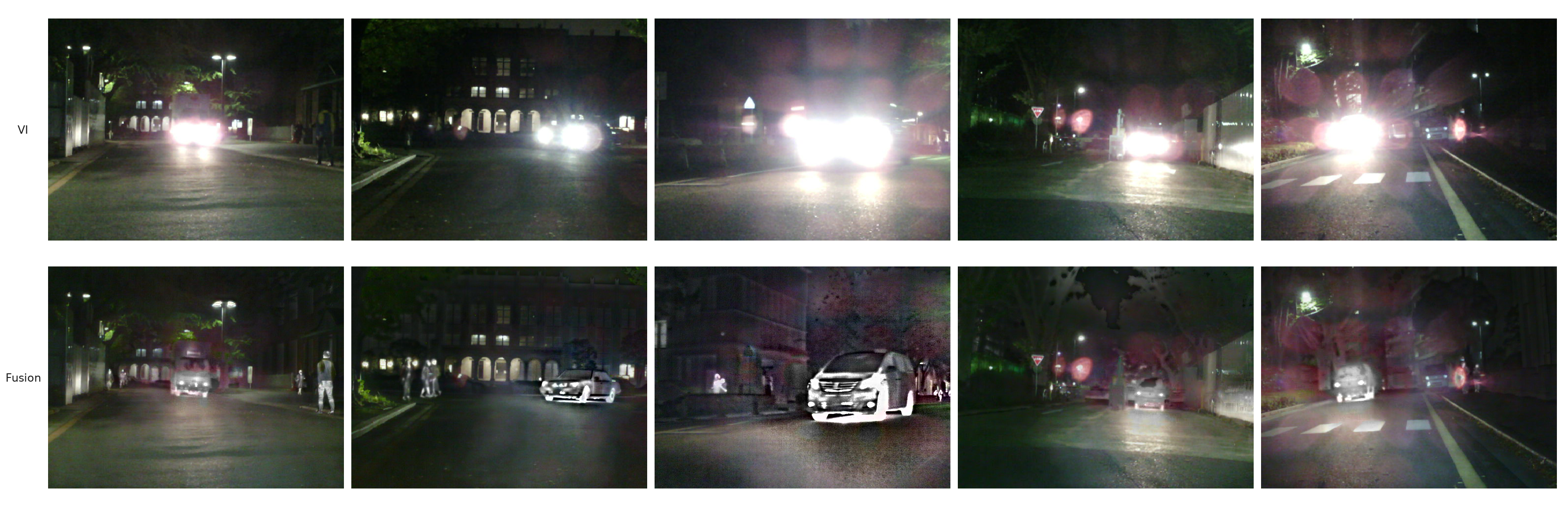 Visible and fused images of vehicles at night